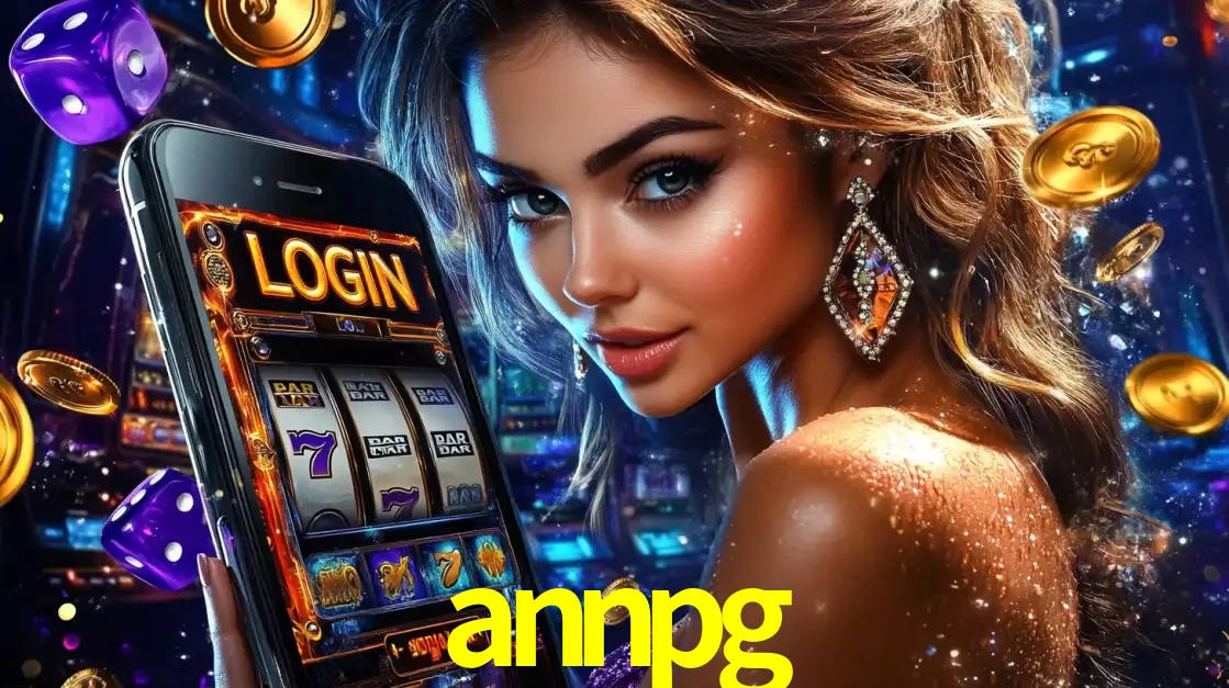 Mulher glamorosa segurando um smartphone com a tela de login para os jogos de caça-níqueis do cassino online annpg, com moedas de ouro e dados ao redor.